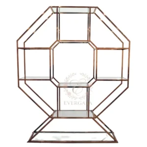 Striking hexagonal wine rack with a polished gold metal frame. Ideal for wedding receptions, corporate events and parties, offering a unique and modern display option.