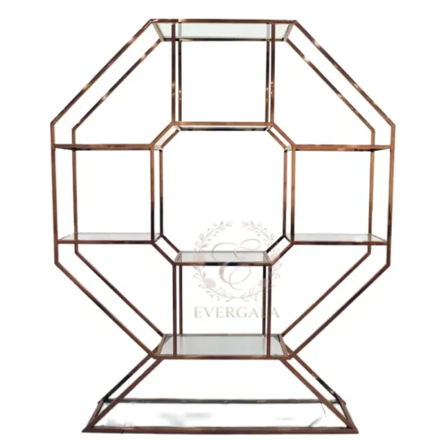 hexagonal gold wine rack display stand for wedding and corporate events (1) Striking hexagonal wine rack with a polished gold metal frame. Ideal for wedding receptions, corporate events and parties, offering a unique and modern display option.