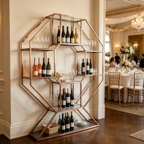 hexagonal gold wine rack display stand for wedding and corporate events (2) hexagonal gold wine rack display stand for wedding and corporate events (2)