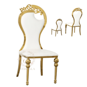 High-back gold stainless steel royal chair with a solid white backrest, classical king/queen style seating for formal banquets