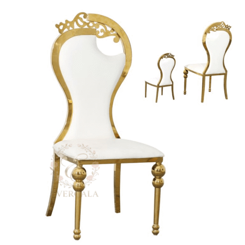 High-back gold stainless steel royal chair with a solid white backrest, classical king/queen style seating for formal banquets