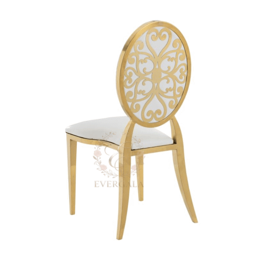 Contemporary gold stainless steel dining chair featuring a honeycomb hexagon laser-cut pattern backrest, durable and stylish for modern venues