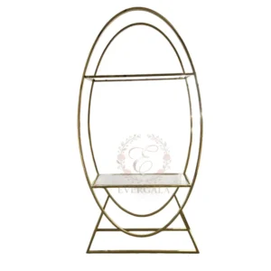 Statement arched wine rack designed as both a display stand and a backdrop. Crafted from polished gold metal, perfect for grand wedding receptions, gala dinners and large-scale events.