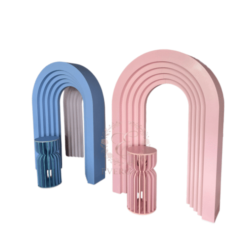 Professional multi-layered pink arch backdrop stand for commercial event rentals and wedding ceremony
