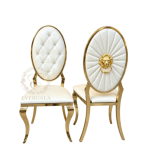 Luxury gold stainless steel royal chair featuring a circular backrest with a lion emblem (Medusa style) decoration, premium gala seating