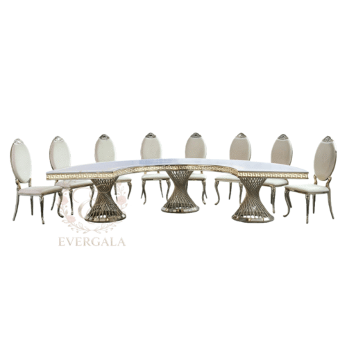EverGala luxury modular gold stainless steel curved table set featuring a woven wire base and Greek key border design, perfectly configured as a serpentine or winding head table for large wedding receptions and gala events.anquet Table Set