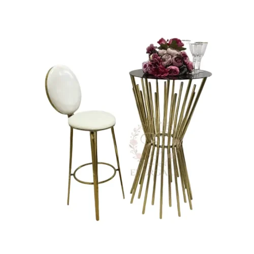 luxury gold wicker bar stool with white cushion for bohemian wedding events (3) Unique bar stool combining a luxurious gold woven frame with a plush white cushion. Perfect for bohemian weddings, garden events and tropical-themed parties.