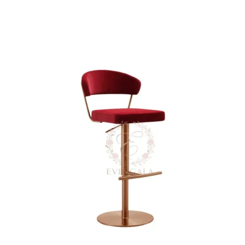 Elegant mid-century bar stool with plush red velvet upholstery and shiny gold metal base. Adjustable height, perfect for wedding cocktail bars, gala dinners, themed parties and hotel event spaces. Adds a touch of retro glamour to any venue.