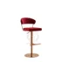 Elegant mid-century bar stool with plush red velvet upholstery and shiny gold metal base. Adjustable height, perfect for wedding cocktail bars, gala dinners, themed parties and hotel event spaces. Adds a touch of retro glamour to any venue.