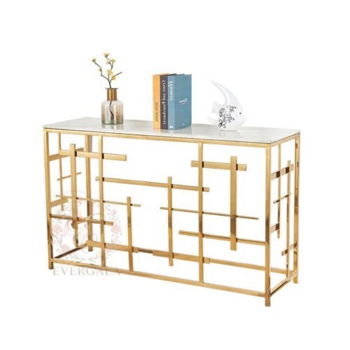 Modern light luxury white marble top bar with gold stainless steel frame， Sleek white and gold geometric frame bar counter with openwork lattice design, crafted from premium stainless steel. Ideal for modern weddings, bridal showers, hotel events and photo booth backdrops. Lightweight yet durable.
