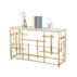 Modern light luxury white marble top bar with gold stainless steel frame， Sleek white and gold geometric frame bar counter with openwork lattice design, crafted from premium stainless steel. Ideal for modern weddings, bridal showers, hotel events and photo booth backdrops. Lightweight yet durable.