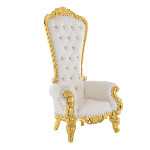 Luxury white leather wedding throne chair for bride seating.