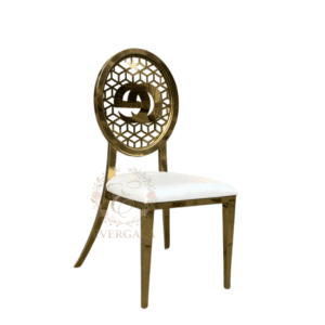 Stunning mandala pattern laser-cut backrest on a circular gold stainless steel banquet chair, luxury catering furniture