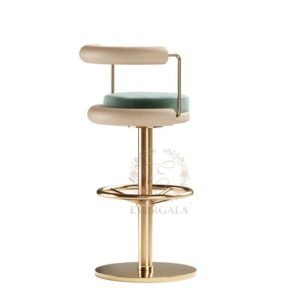 Chic mid-century bar stool with rich green upholstery and a polished gold metal frame. The elegant design complements wedding venues, banquet halls and upscale restaurants perfectly.