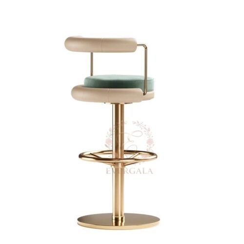 Chic mid-century bar stool with rich green upholstery and a polished gold metal frame. The elegant design complements wedding venues, banquet halls and upscale restaurants perfectly.