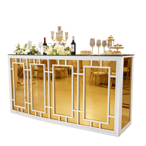 Sleek white modern wedding bar with gold mirror accents and minimalist design.Made of premium stainless steel, perfect for wedding receptions, hotel bars, corporate events and commercial use. Sturdy and functional.