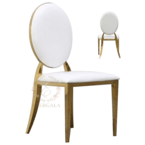 Luxury gold stainless steel wedding chair with a comfortable white oval backrest, durable frame for banquet hall seating.