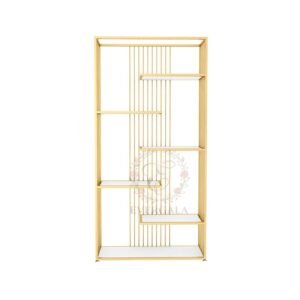 Elegant wine rack with a modern take on traditional Chinese lattice patterns in polished gold metal. Perfect for wedding banquets, upscale events and contemporary themed parties.