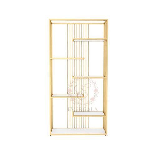 Elegant wine rack with a modern take on traditional Chinese lattice patterns in polished gold metal. Perfect for wedding banquets, upscale events and contemporary themed parties.