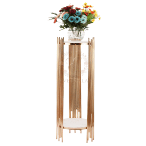 Modern column style gold metal flower stand with tiered shelving for wedding and banquet display