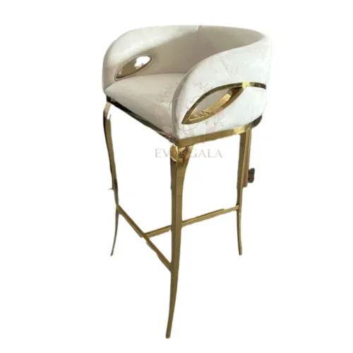 Contemporary bar stool with a soft cream white curved backrest and seat, supported by a sleek gold metal frame. The ergonomic design offers comfort and style for wedding receptions and events.