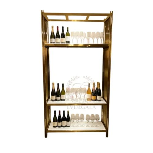 Sleek two-tier gold metal wine rack with a minimalist square design. Perfect for showcasing drinks and decor at wedding cocktail hours, banquets and upscale parties.