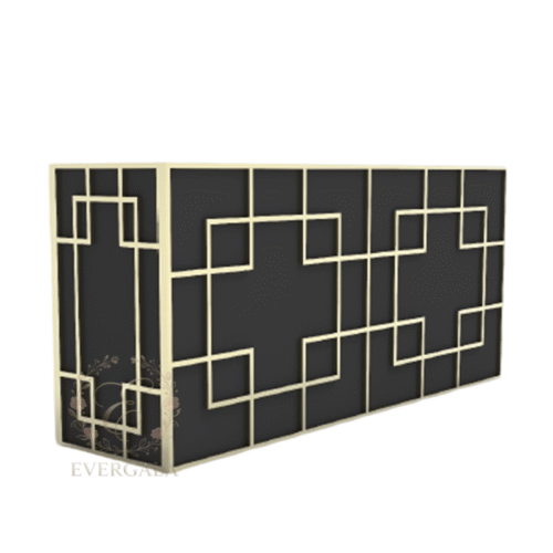 Premium geometric gold stainless steel bar counter with elegant linear design, perfect for wedding receptions, banquets and luxury events. Sturdy, portable and customizable for your special occasion