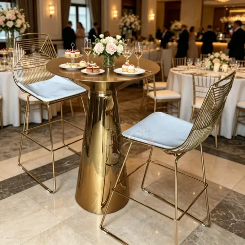 modern solid gold pedestal high cocktail table for hotel wedding events (1) modern solid gold pedestal high cocktail table for hotel wedding events (1)
