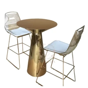 Sleek and minimalist cocktail table with a sturdy solid gold pedestal base and a smooth round top. Ideal for hotel bars, corporate events, wedding cocktail hours and upscale commercial use.