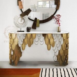 Modern minimalist stainless steel natural marble fish scale edge side table for hotel lobby and banquet events