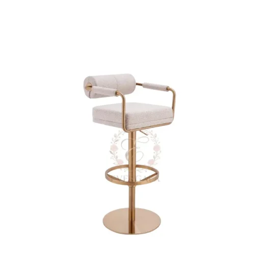 Sleek minimalist bar stool with soft white upholstery and polished gold metal frame. Sturdy swivel design, ideal for wedding receptions, banquet bars, corporate events and upscale hotel lounges. Durable, stylish and easy to clean for commercial use.