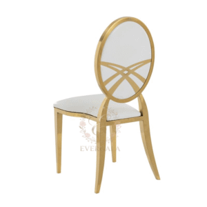 Bespoke gold stainless steel wedding chair with a monogram letter M laser-cut backrest, customizable furniture for weddings and private parties