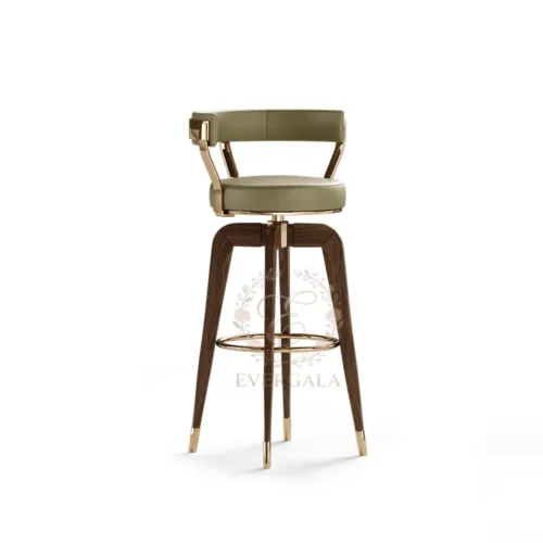 Chic mid-century bar stool with olive green upholstery and elegant gold metal frame. Sturdy construction, ideal for modern wedding venues, boutique hotel bars, event spaces and stylish banquet receptions.