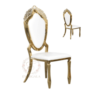 Exquisite gold stainless steel royal chair featuring an ornate carved oval backrest, luxury furniture for formal wedding ceremonies and banquets
