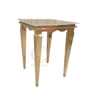 Classic European-style cocktail table with an ornate carved gold metal base, ideal for luxury weddings, hotel banquets and formal events. Adds a touch of vintage glamour to any setting.