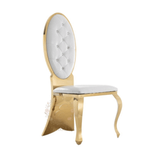 Classical gold stainless steel banquet chair featuring an oval-shaped button-tufted upholstered backrest, premium quality for hotel events.