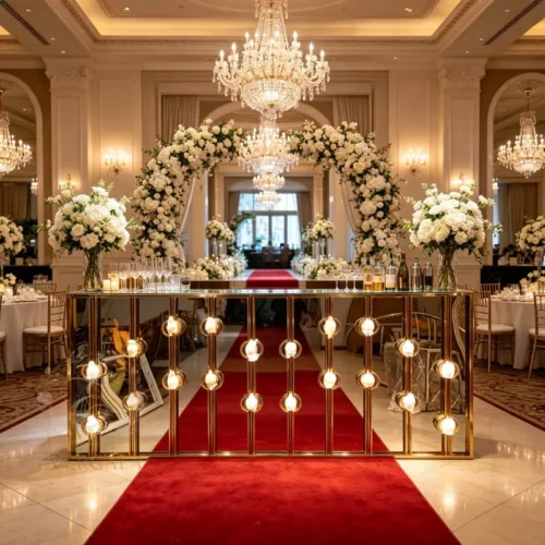 Elegant gold metal railing bar counter with sturdy frame design, perfect for wedding receptions, stage setups, corporate events and outdoor parties. Durable stainless steel construction, easy to assemble and transport.