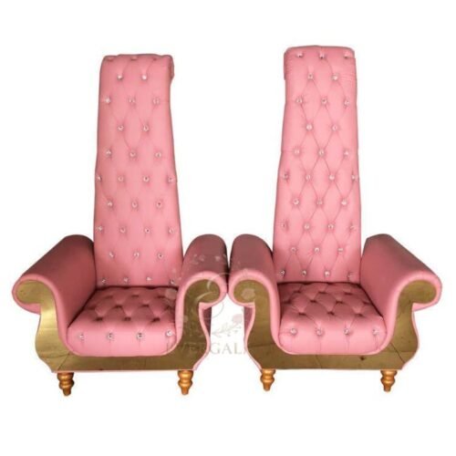 Pink velvet high back event chair with gold stainless steel legs.