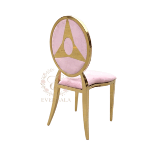 Romantic gold stainless steel wedding chair featuring a soft pink velvet round backrest, charming furniture for bridal showers and event decor