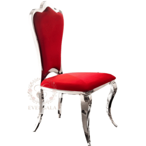 Majestic silver stainless steel royal chair featuring a vibrant red velvet high backrest, luxurious seating for weddings and gala events.