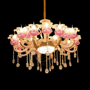 Bridgerton inspired Regency style gold crystal chandelier with romantic pink floral crystal accents