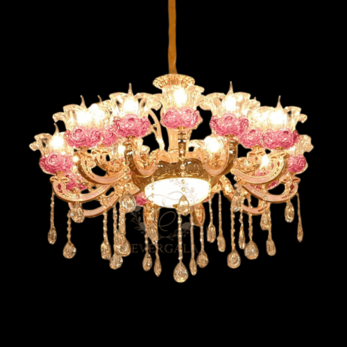 regency-style-pink-floral-gold-chandelier Bridgerton inspired Regency style gold crystal chandelier with romantic pink floral crystal accents