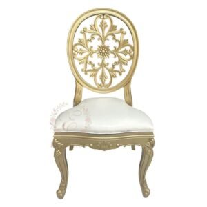 Resin Louis XVI chair featuring a medallion back and flower pattern details.