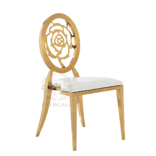 Beautiful charming rose flower laser-cut backrest design on a luxury gold stainless steel wedding chair for event decor.