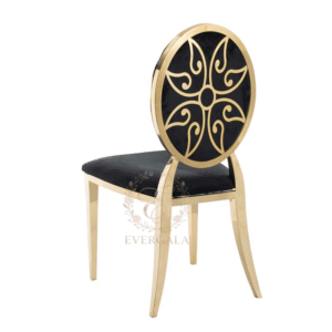Elegant gold stainless steel banquet chair with a detailed rose flower laser-cut pattern backrest, ideal for romantic wedding receptions