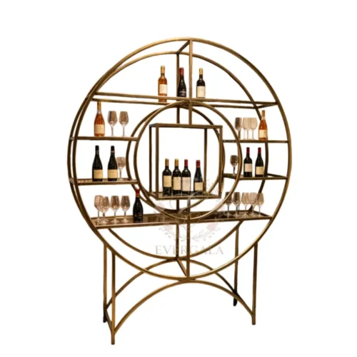 Eye-catching wine rack with a large circular cutout in the gold metal frame. Ideal for themed weddings, cocktail hours and creative event displays.