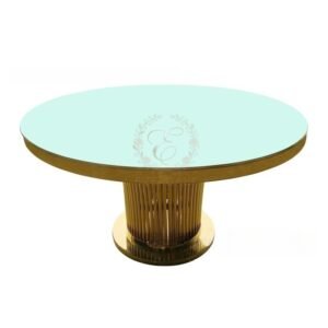 Wholesale round tempered glass banquet table with polished stainless steel wire legs, heavy-duty event furniture from Foshan supplier.