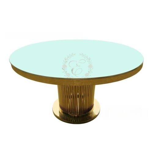 Wholesale round tempered glass banquet table with polished stainless steel wire legs, heavy-duty event furniture from Foshan supplier.