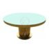Wholesale round tempered glass banquet table with polished stainless steel wire legs, heavy-duty event furniture from Foshan supplier.