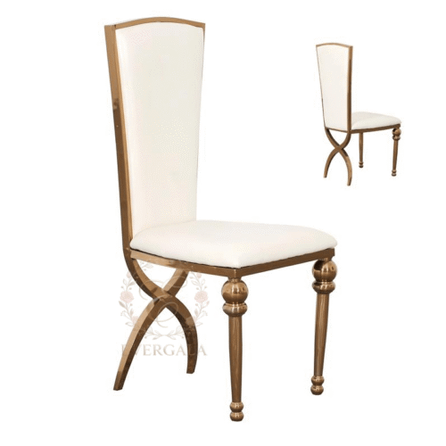 Modern stainless steel dining chair with a comfortable round upholstered backrest and polished frame, durable furniture for banquet halls